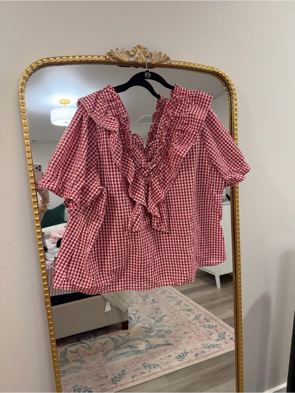 SHEIN Red Gingham Ruffle V-Neck Top